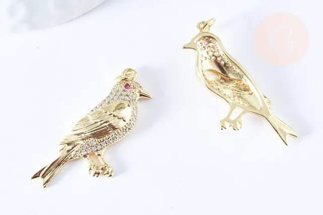 Gingerlily Perles G6675 pendentif oiseau 36mm laiton doré zircon
