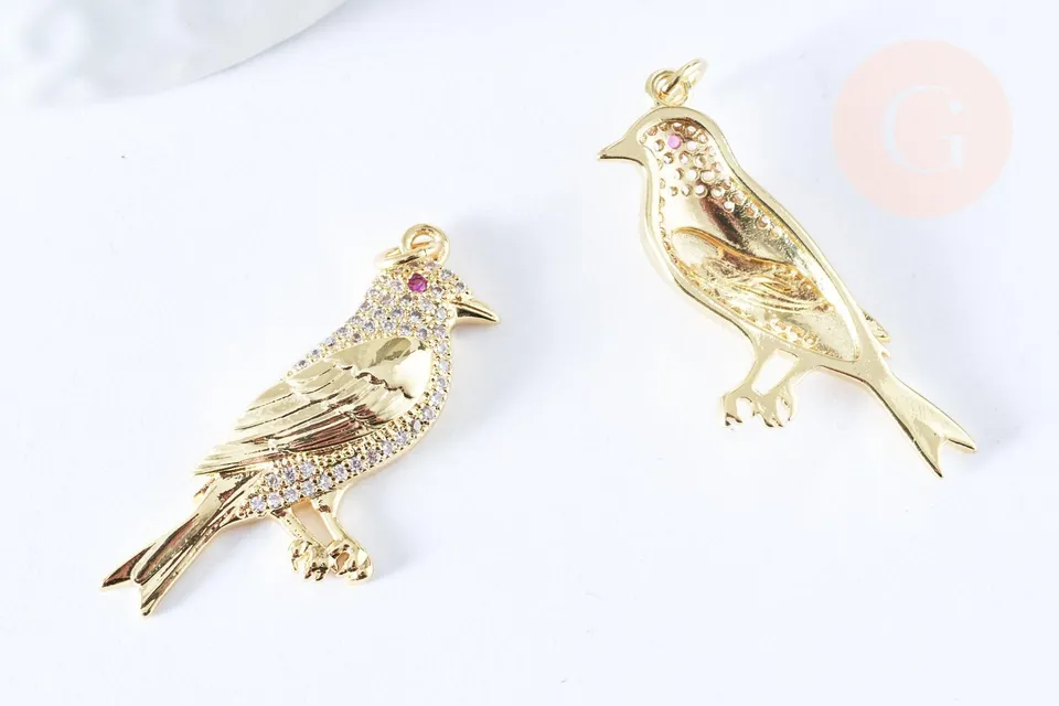 Gingerlily Perles G6675 pendentif oiseau 36mm laiton doré zircon