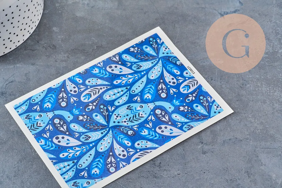Gingerlily feuille transfert polymère bleue 14x10,5cm paons