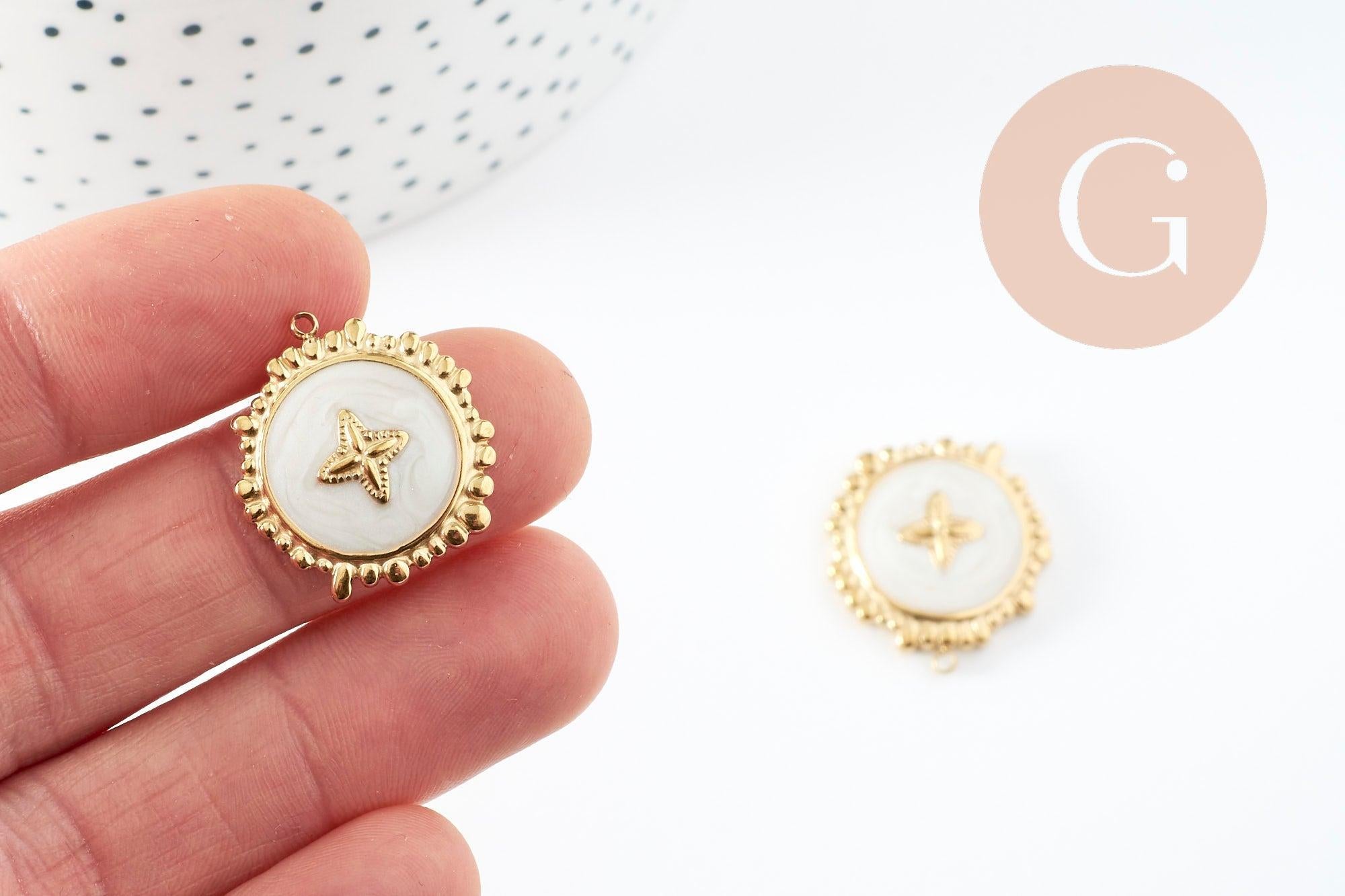 Gingerlily Pendentif rond fleur acier doré résine 23mm