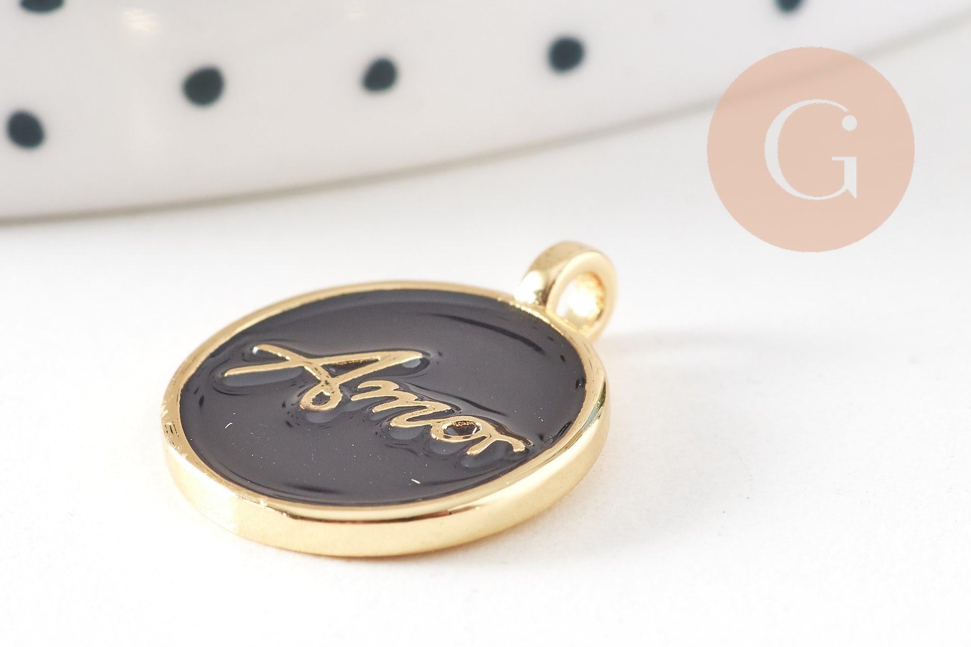 Gingerlily Pendentif médaille AMOR émail noir 20.5mm x1 doré
