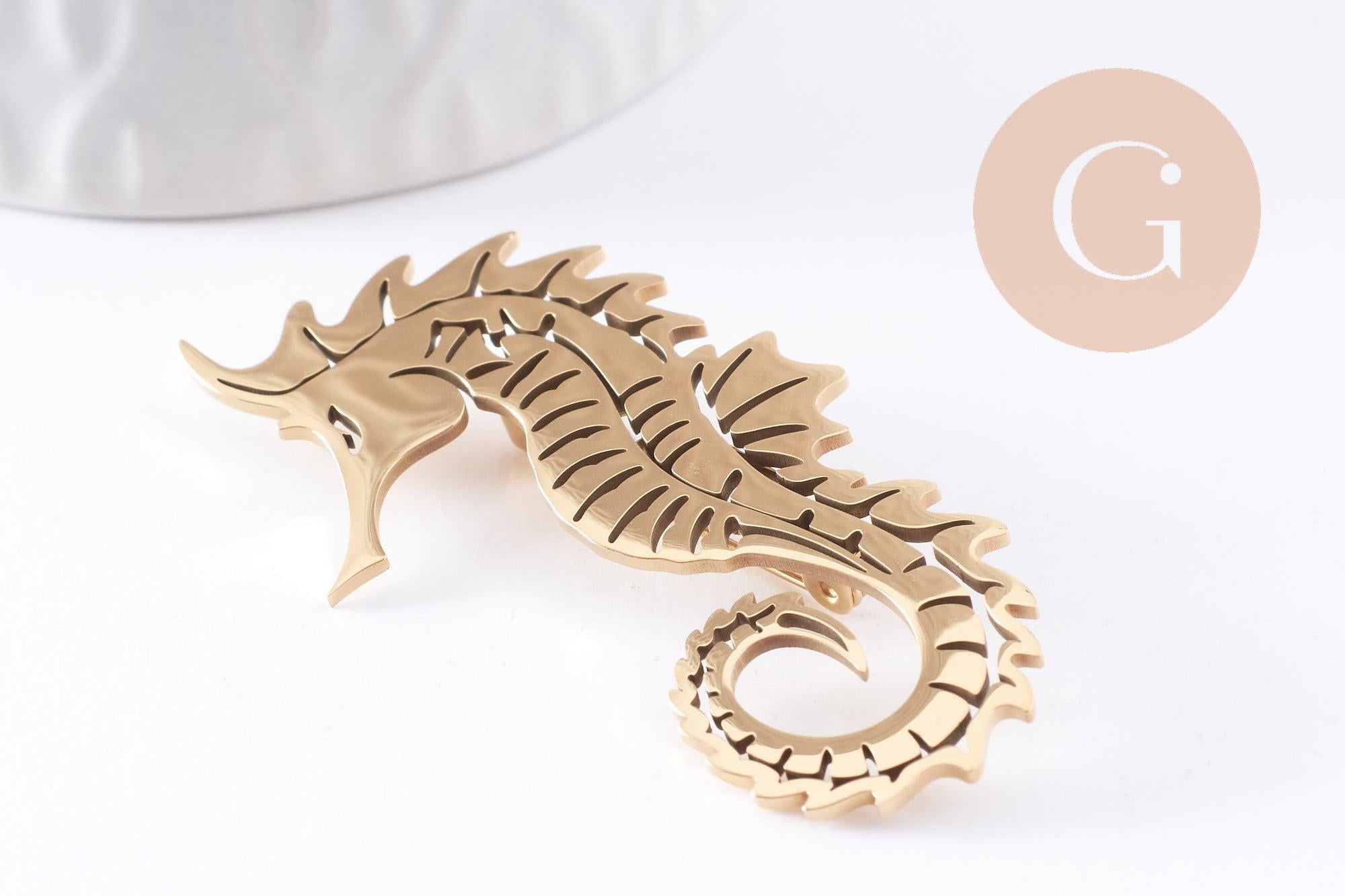 Gingerlily broche hippocampe acier doré 60mm x1