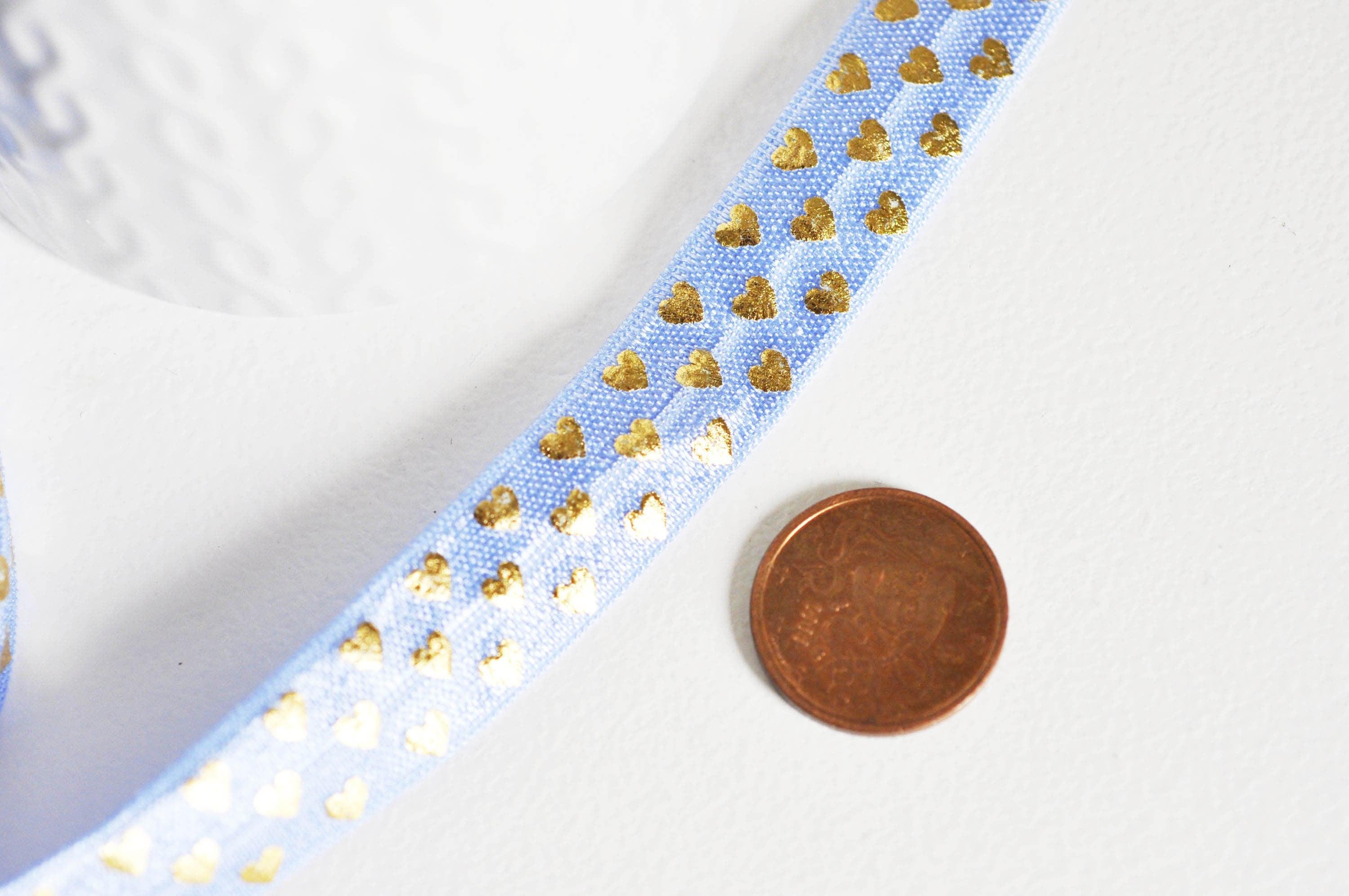 Gingerlily Ruban Élastique Bleu Cœurs Or 16mm 1 mètre
