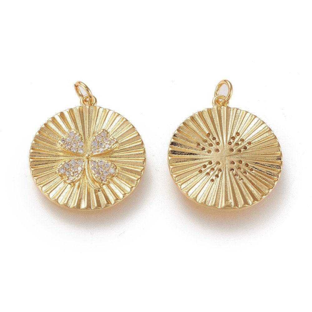Gingerlily Pendentif médaille trèfle laiton doré 18K 21.5mm