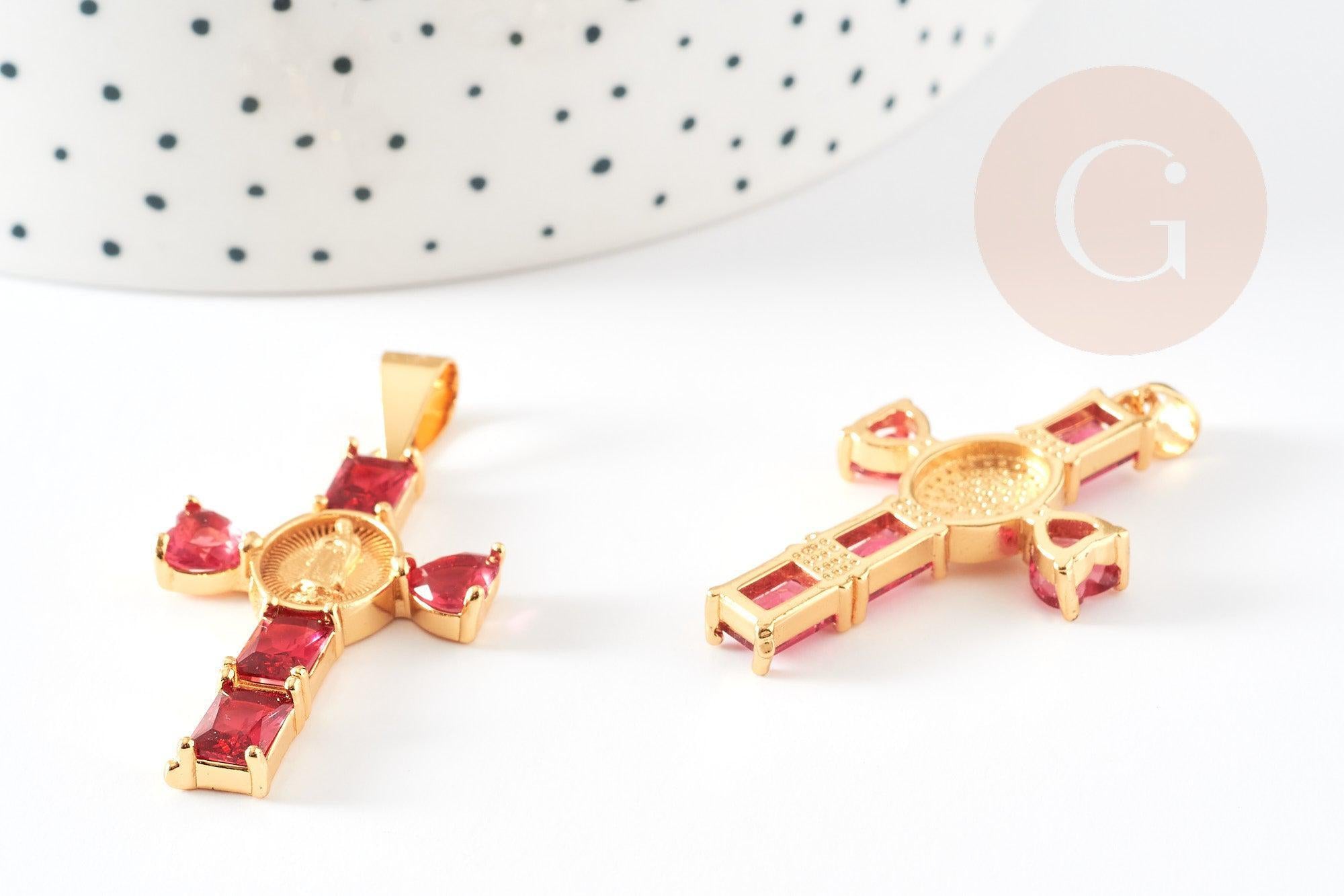 Gingerlily Pendentif grande croix dorée zircons rouges x1