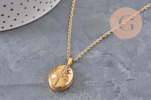 Gingerlily Bijoux personnalisés G11076 collier locket lune étoiles doré