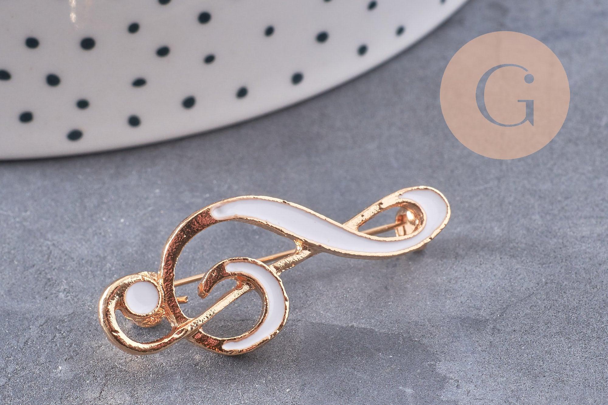 Gingerlily Broche clé de sol G10215 doré blanc 39 mm