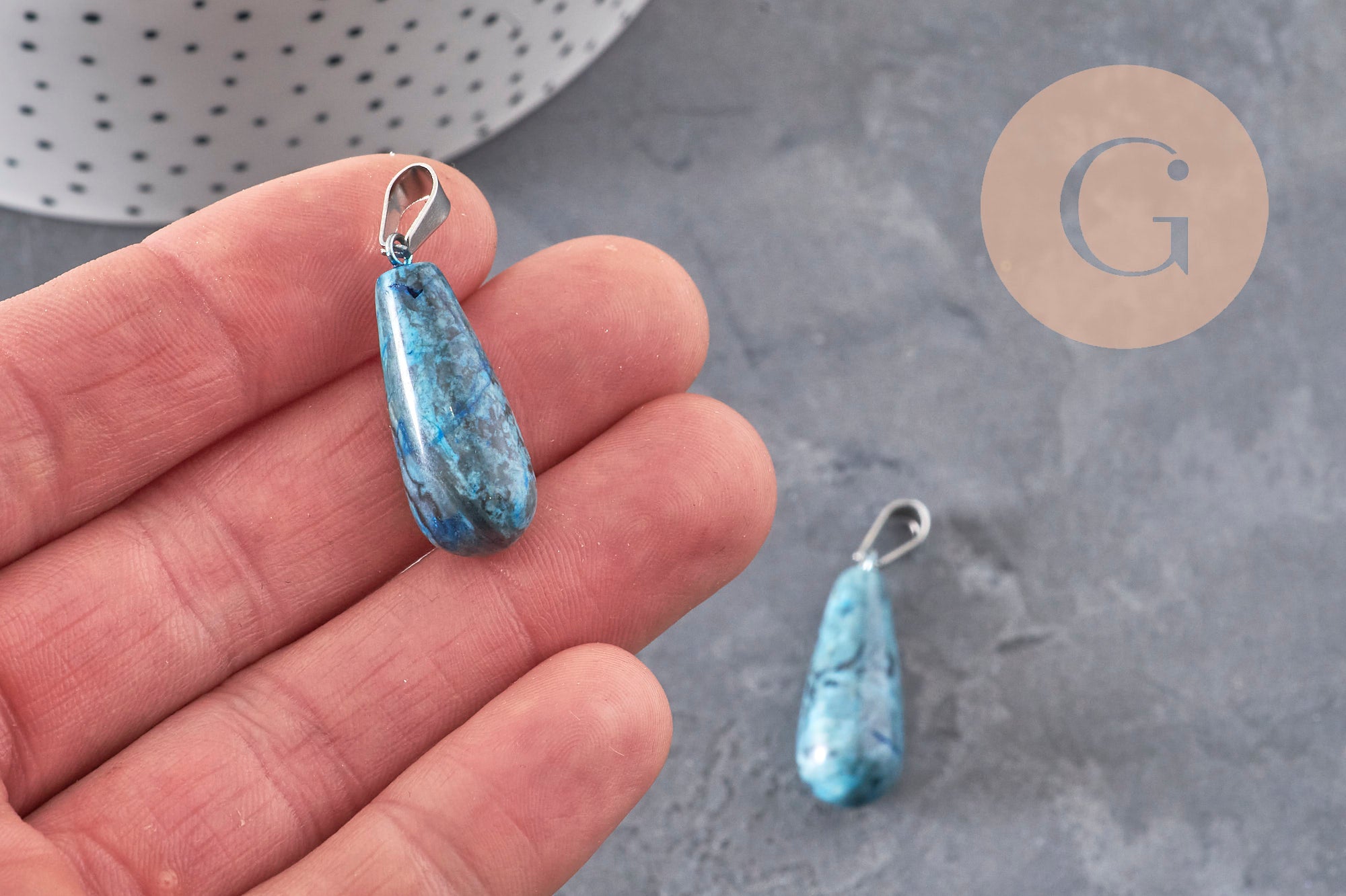 Gingerlily Perles G11117 pendentif goutte agate bleue 28mm acier