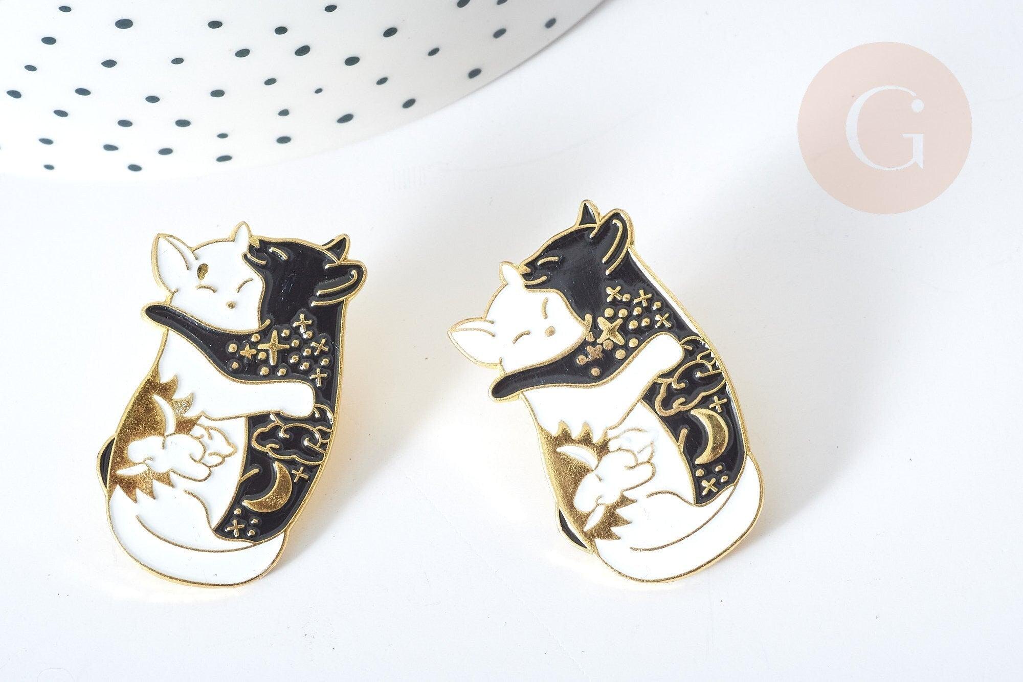 Gingerlily Broche pin's chats émail noir blanc doré 35mm