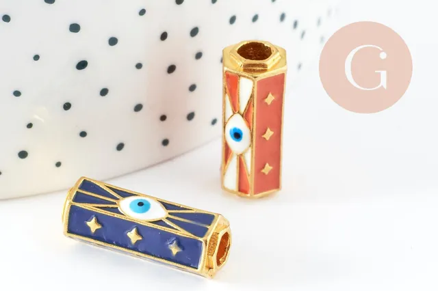 Gingerlily Perle tube talisman G9413 œil bleu laiton doré 22mm