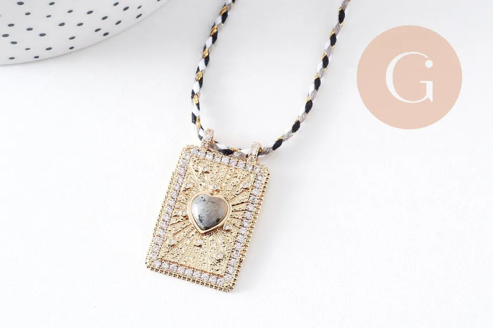 Gingerlily collier médaille cœur pyrite zircons cordon 45cm