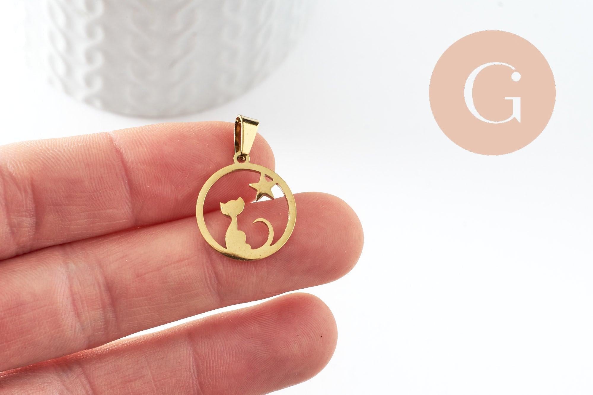 Gingerlily Pendentif DIY G9859 chat étoile acier doré 19mm x1