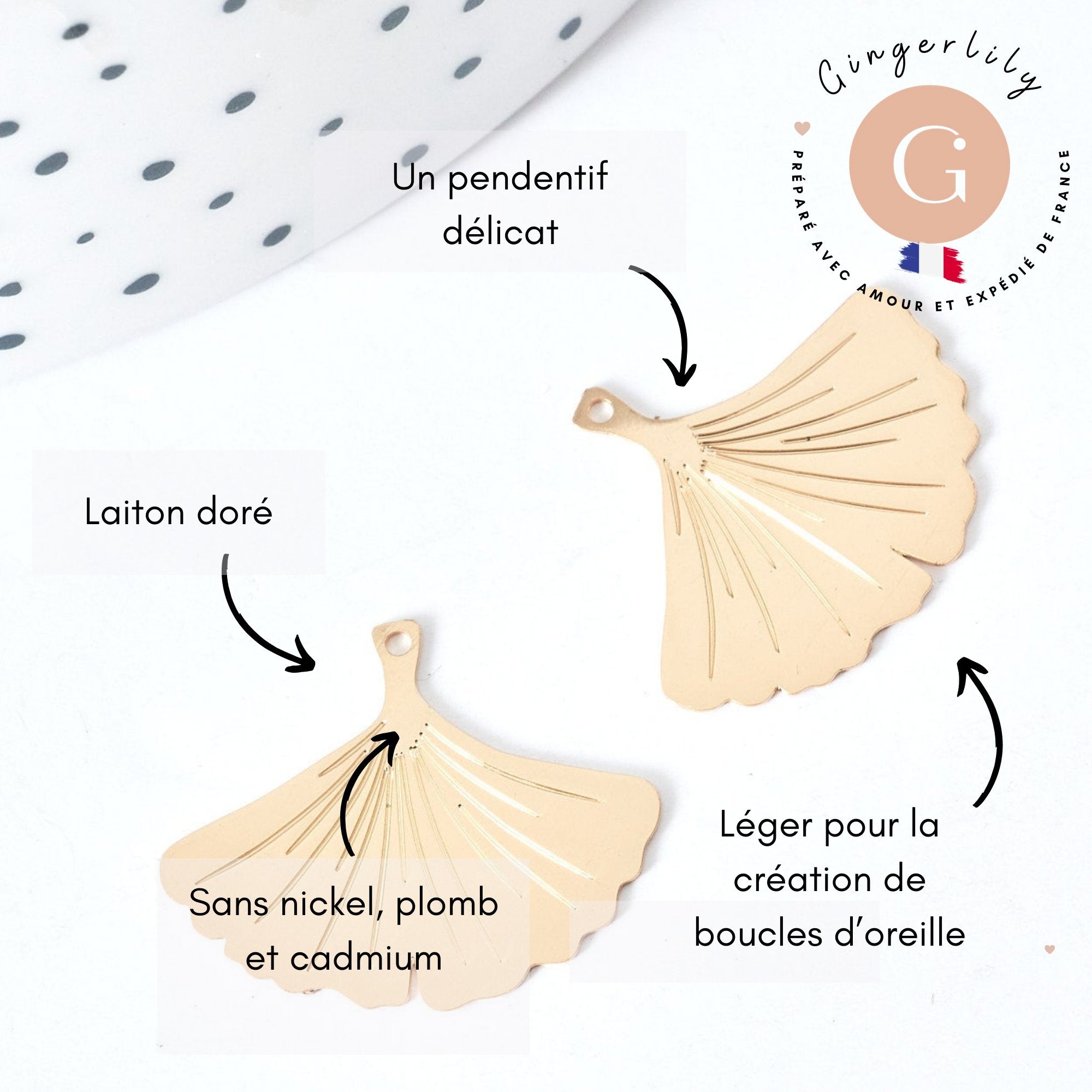 Gingerlily Pendentifs G8069 pendentif feuille ginkgo laiton doré 22mm