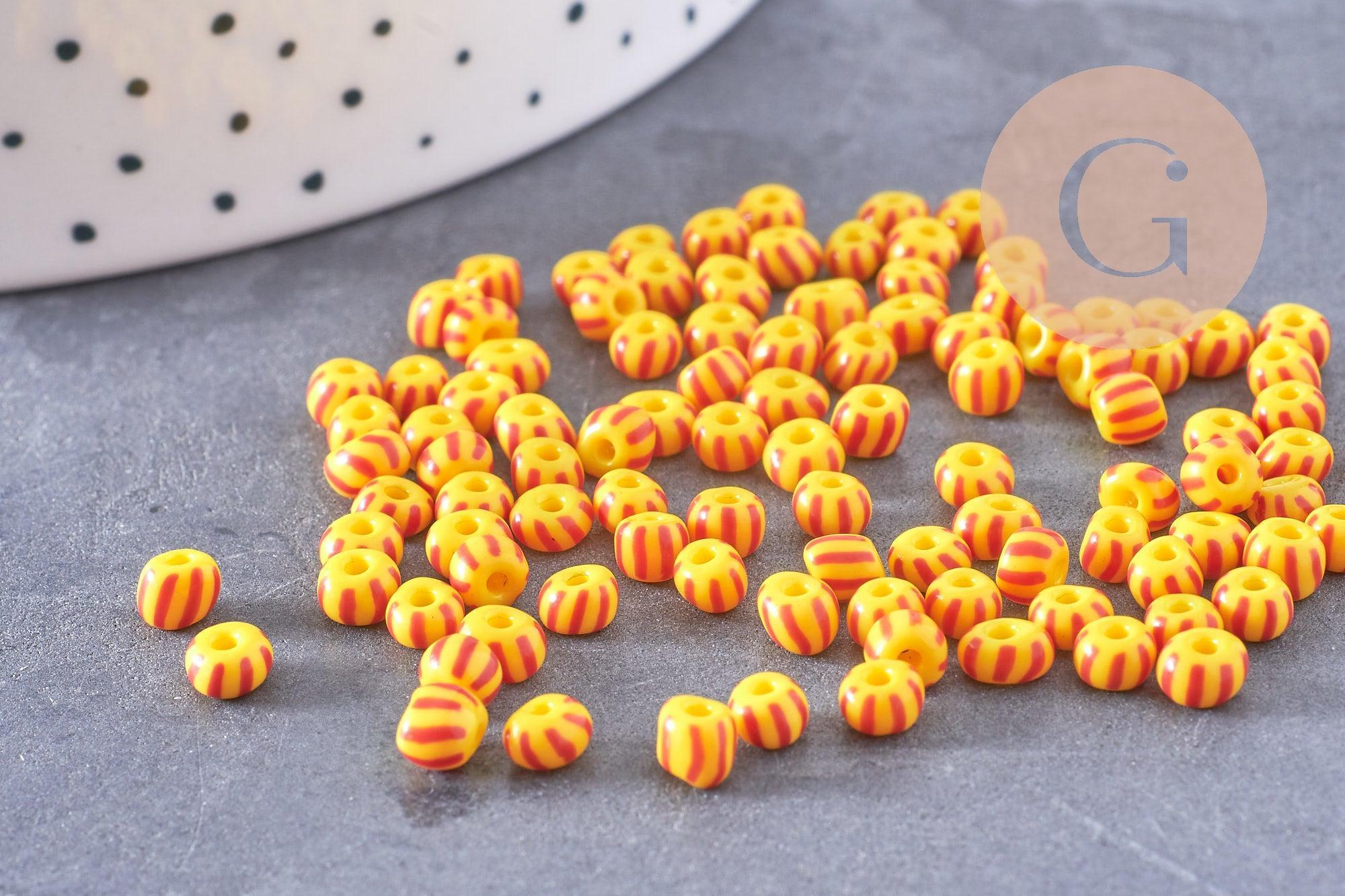 Gingerlily Perles rocaille verre rayé jaune rouge 3x4.5mm 10g