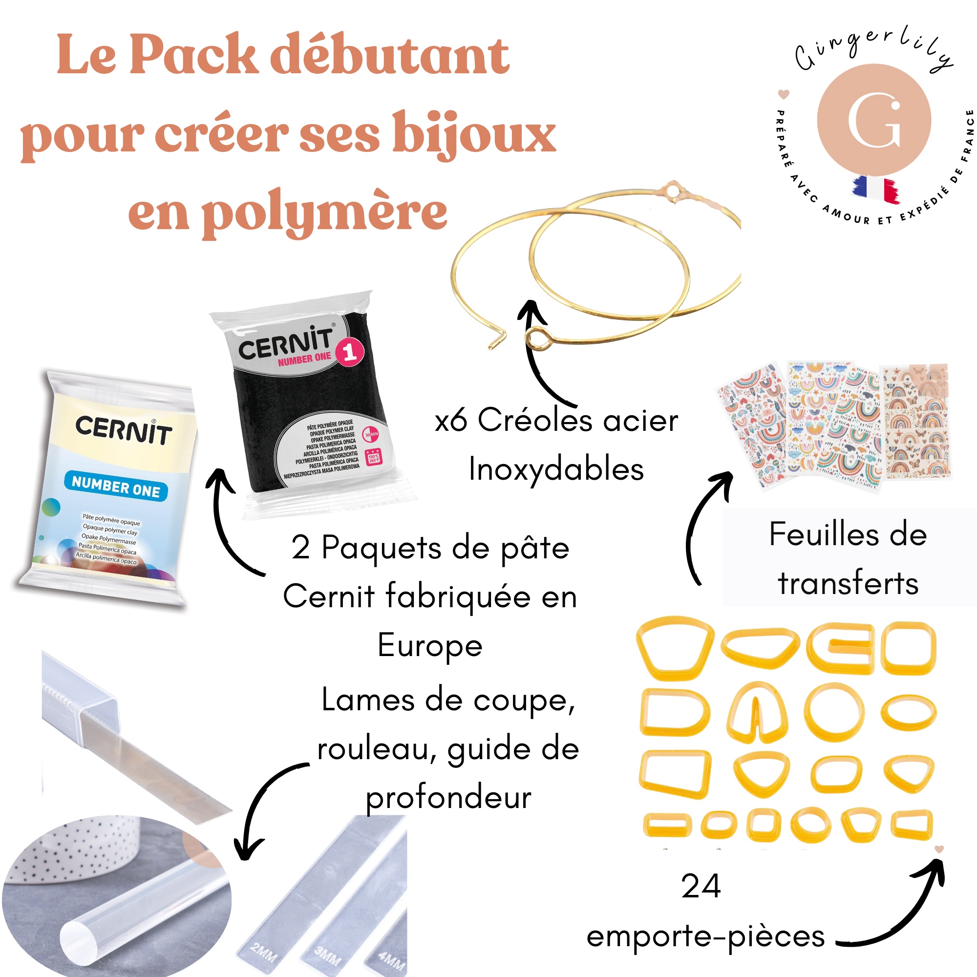 Gingerlily Kits DIY G10840 kit pâte polymère boucles Blanc Or