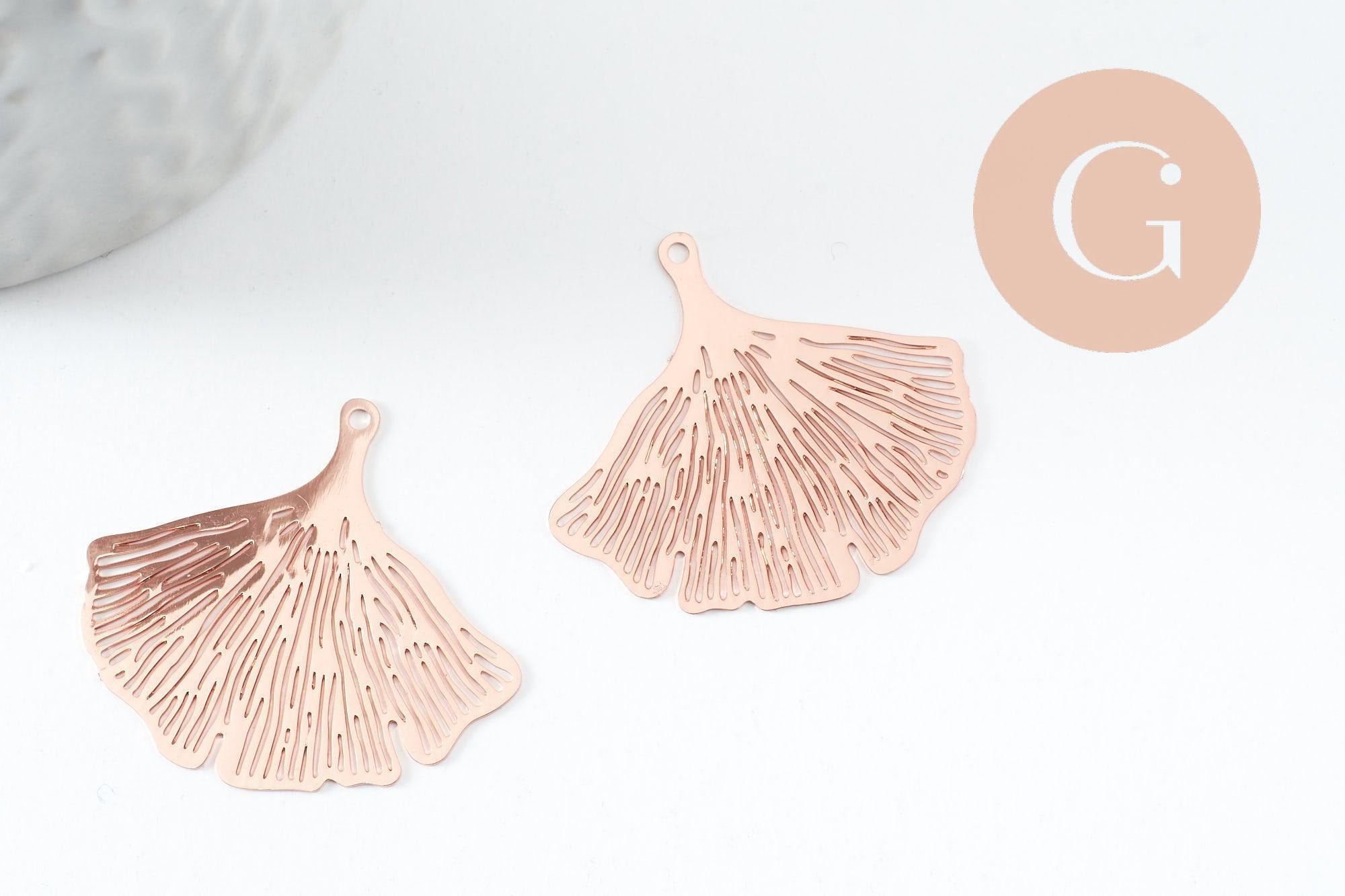 Gingerlily Pendentif feuille ginkgo or rose 33mm lot 2