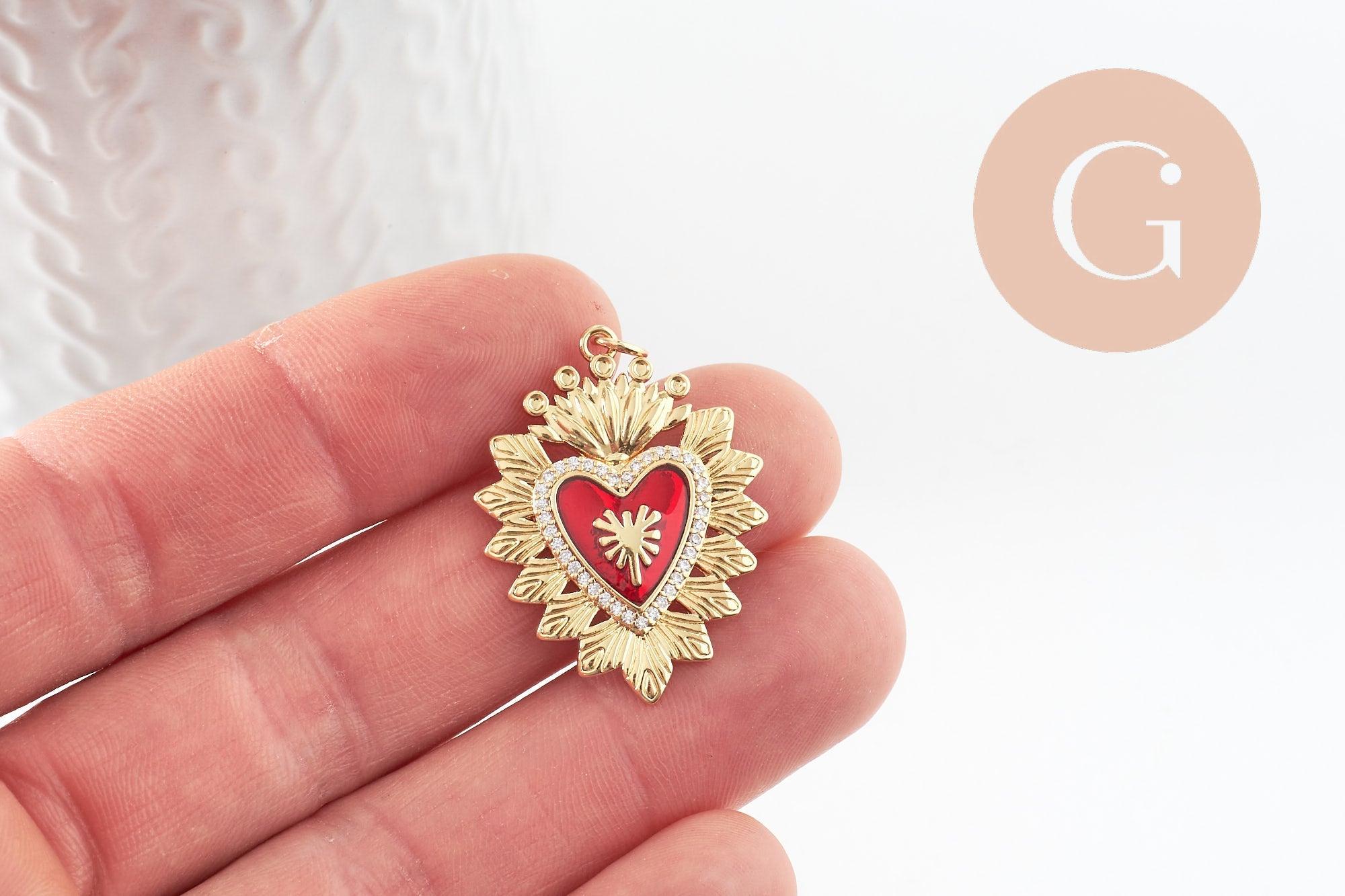 Gingerlily Pendentif cœur ex-voto 32mm émail rouge zircon x1