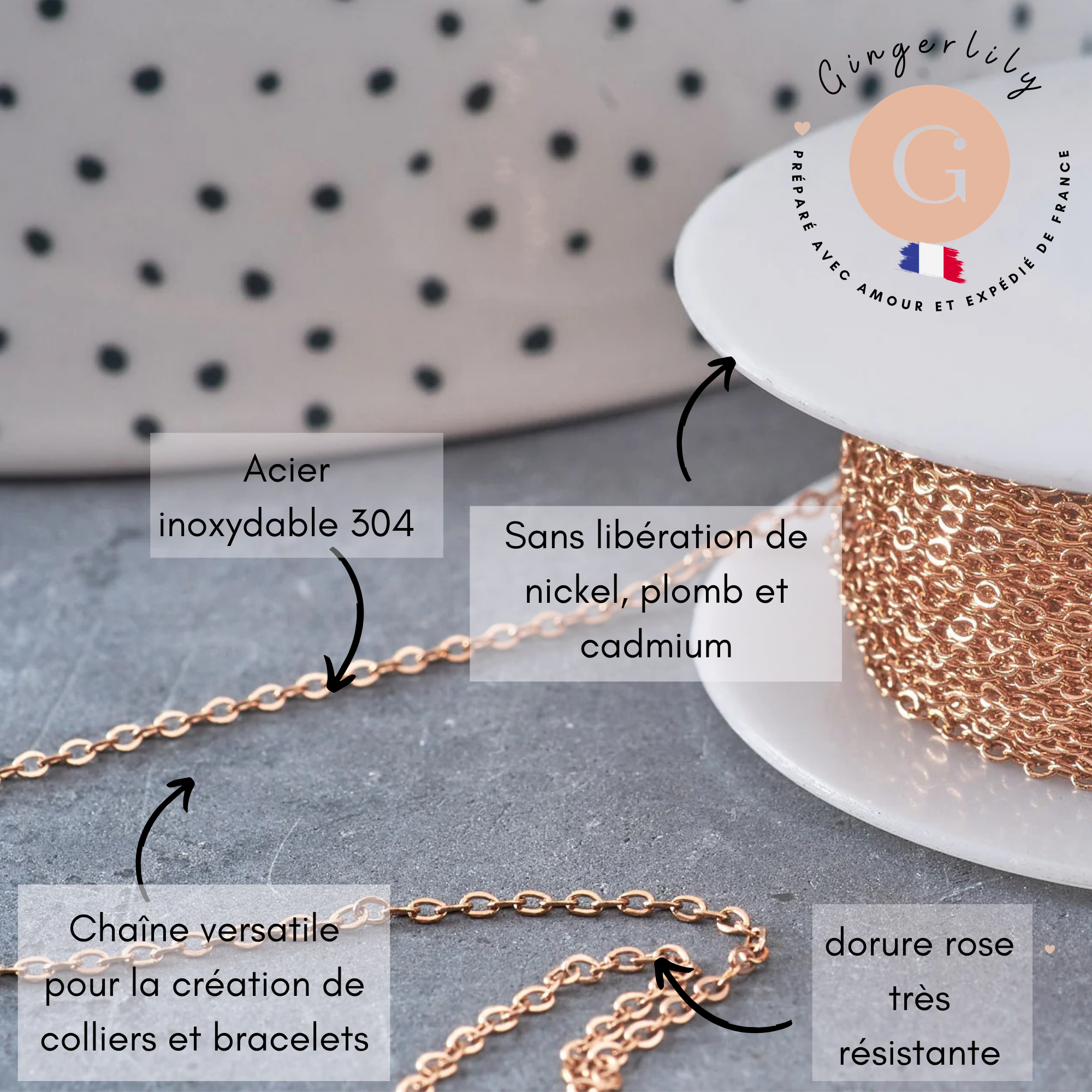Gingerlily Perles Chaîne forçat chaîne acier or rose 1,5mm 1m