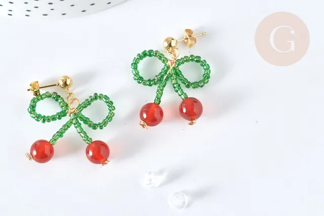 Gingerlily cerise G7477 boucles puces acier doré agate rouge