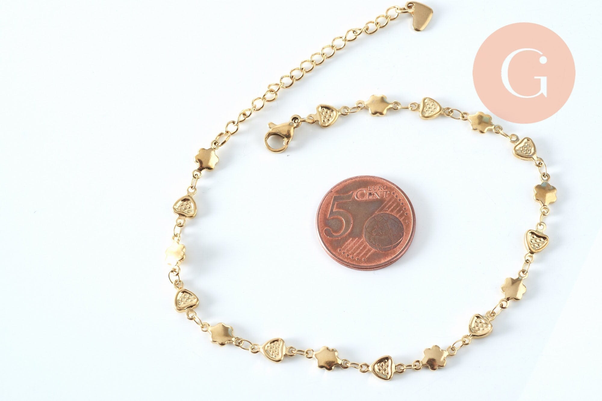 Gingerlily G6233 bracelet cœur fleur acier doré 21cm réglable