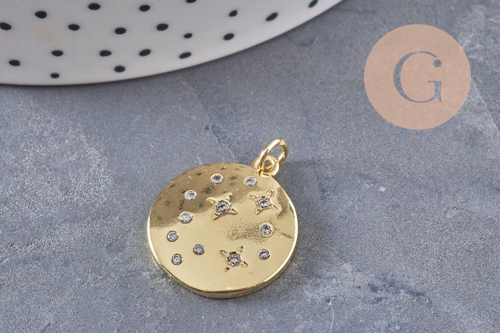 Gingerlily Pendentif rond laiton doré 18K zircons G10976 23mm x1