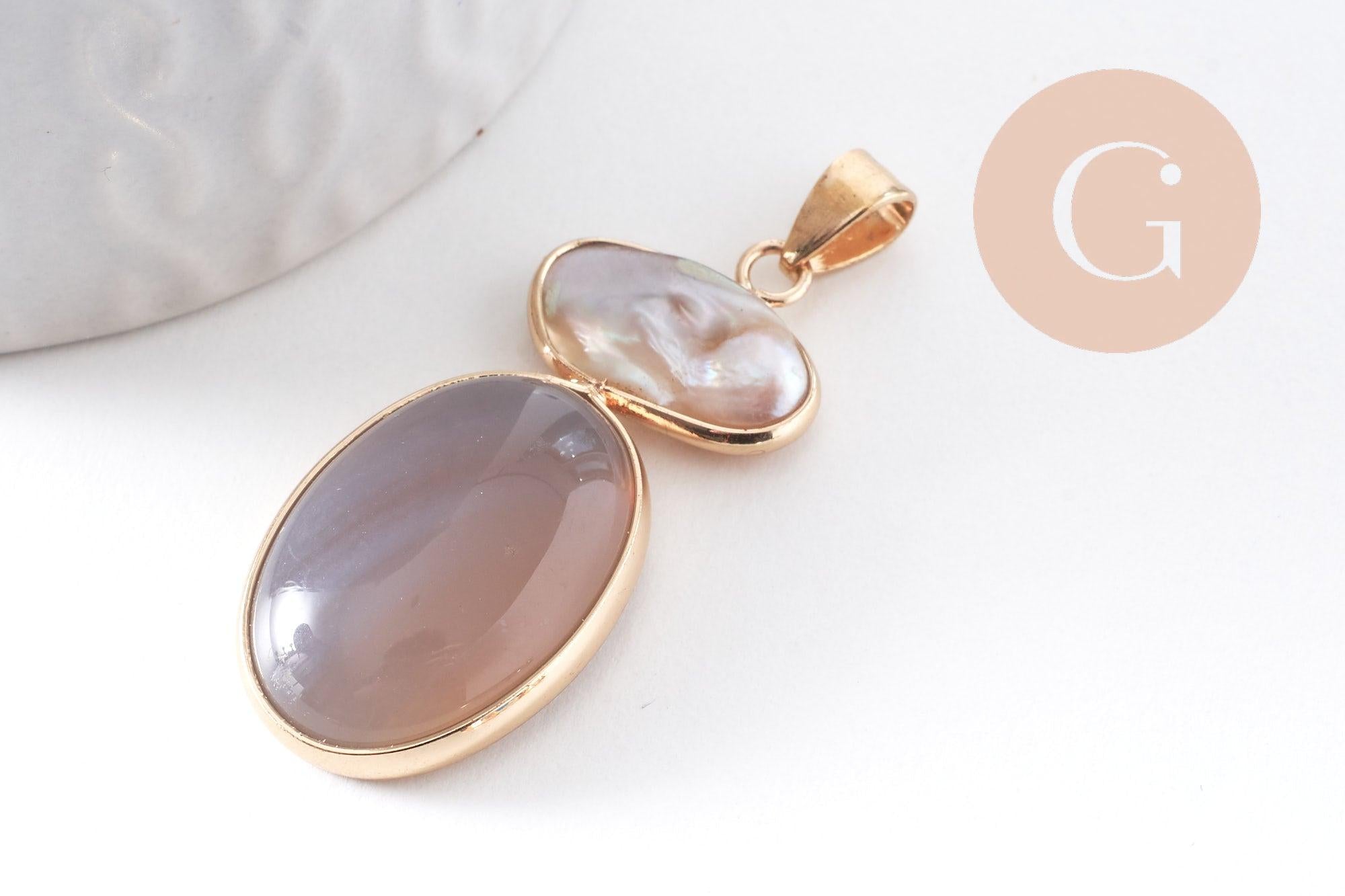 Gingerlily Pendentif agate ovale 42mm perle eau douce doré x1