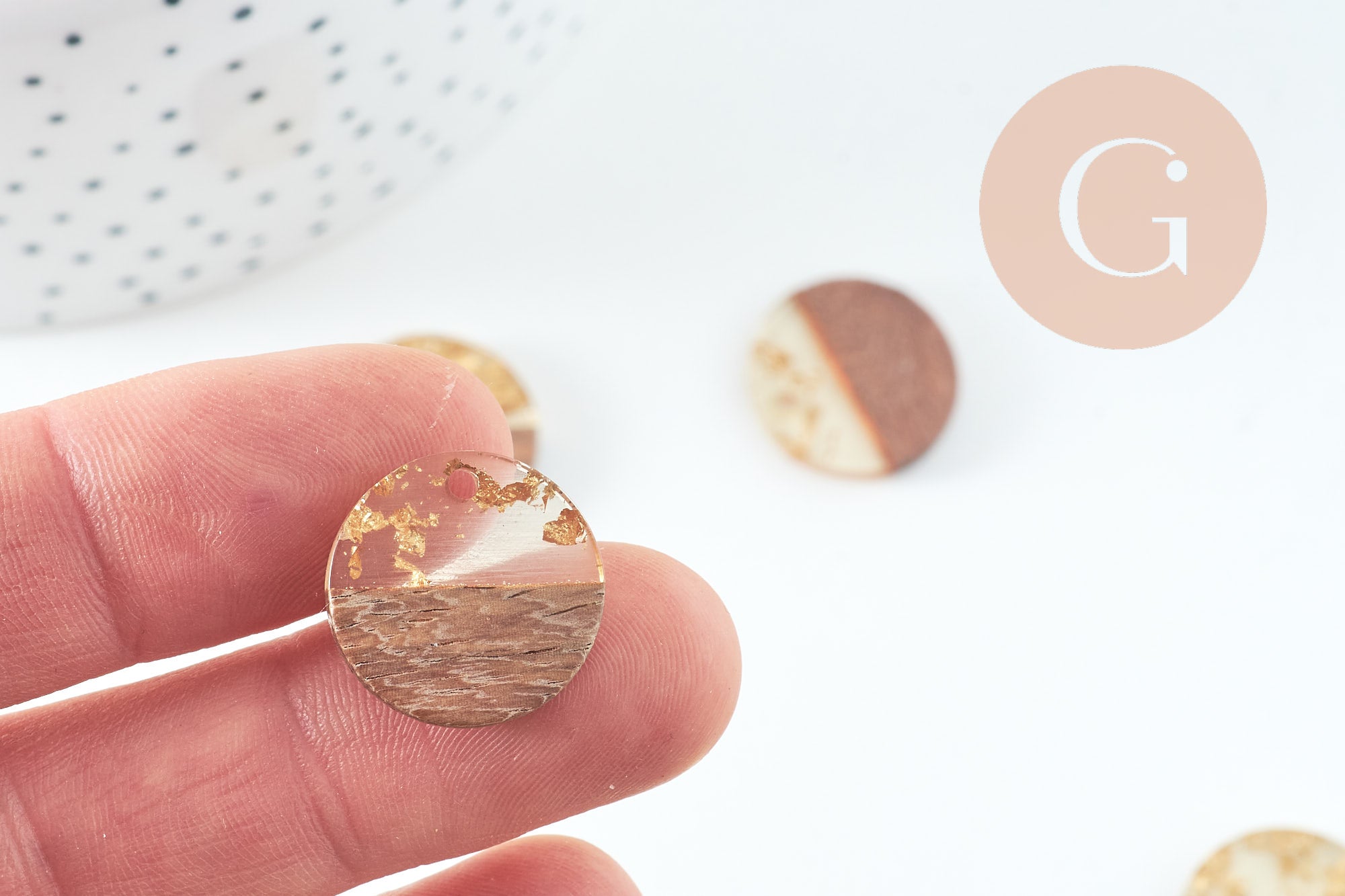 Gingerlily pendentif disque bois résine 18mm lot 5 perle DIY