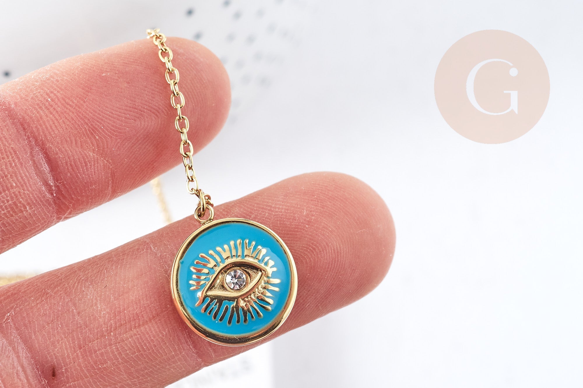 Gingerlily Collier médaille œil turquoise 45cm doré