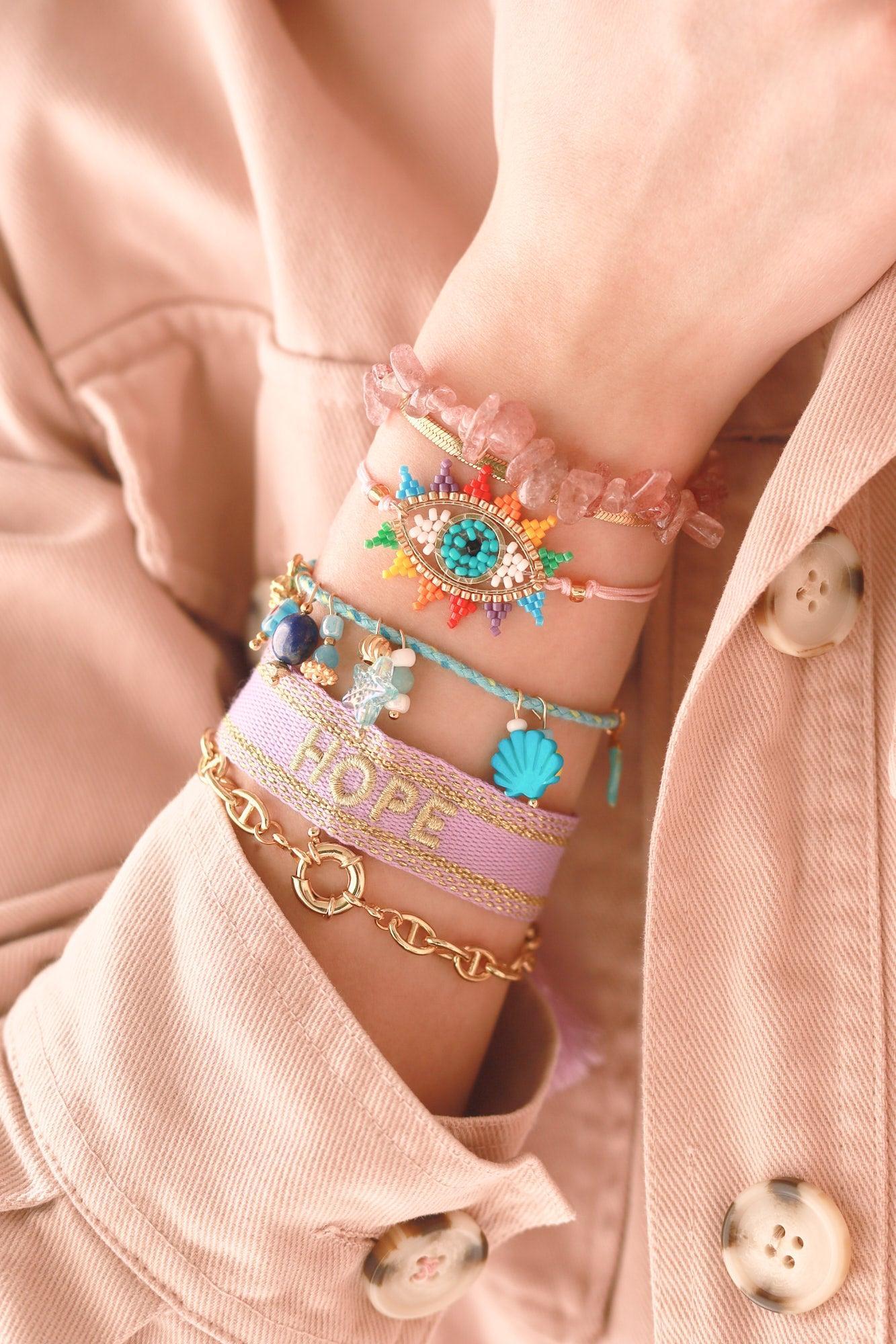 Gingerlily Perles G7689 bracelet mauvais œil rose 28 cm nylon