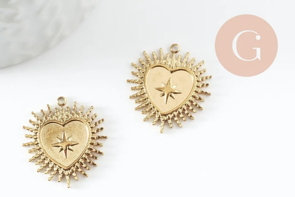 Gingerlily Pendentif coeur ex-voto acier doré G9580 14.5mm x1
