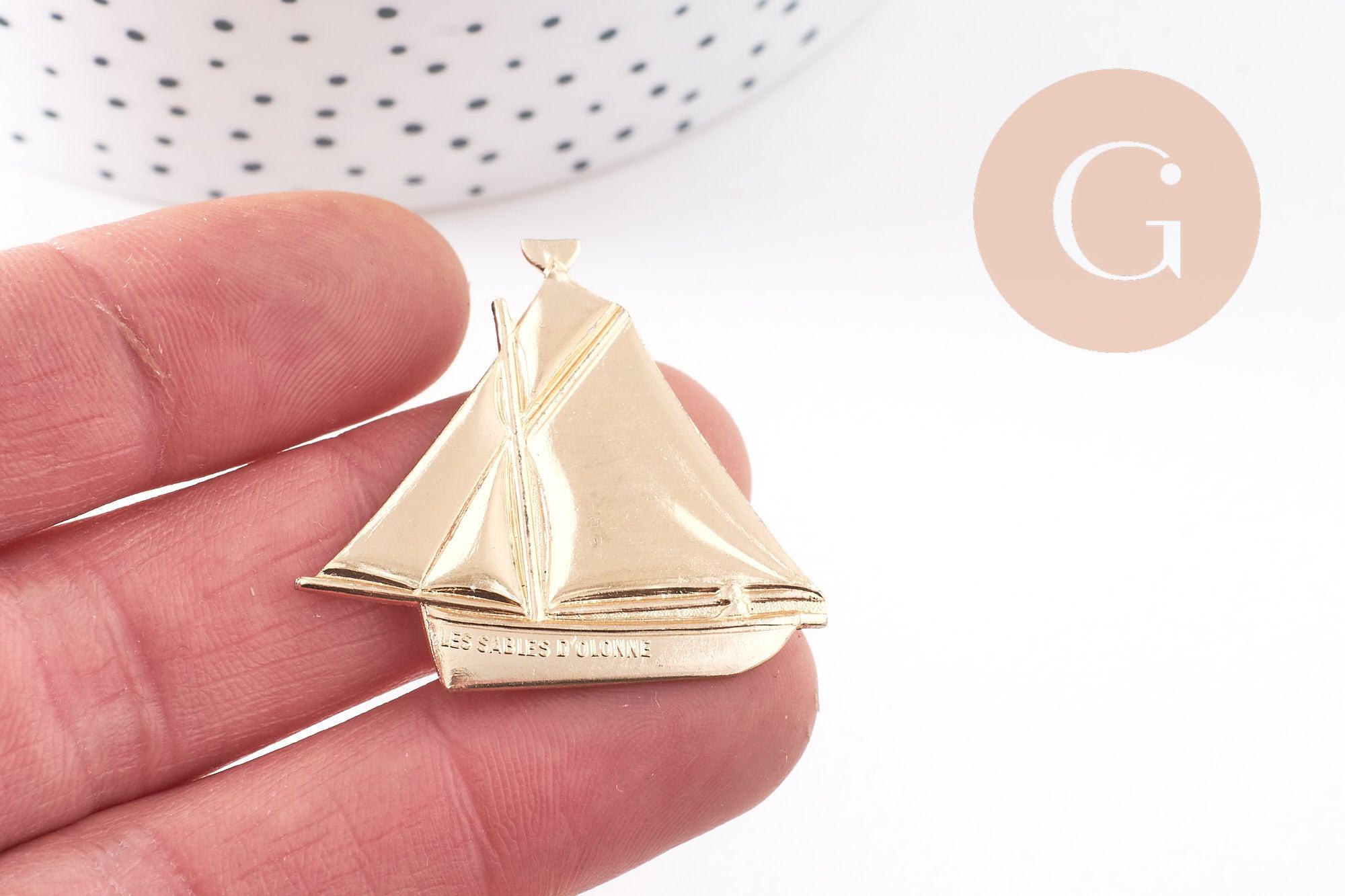 Gingerlily pendentif bateau laiton brut doré 36mm x2