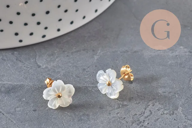 Gingerlily G11305 boucles puces fleur nacre acier doré PVD x1