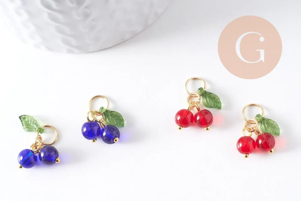 Gingerlily Breloque cerise verre bleu rouge doré 16,5mm x4