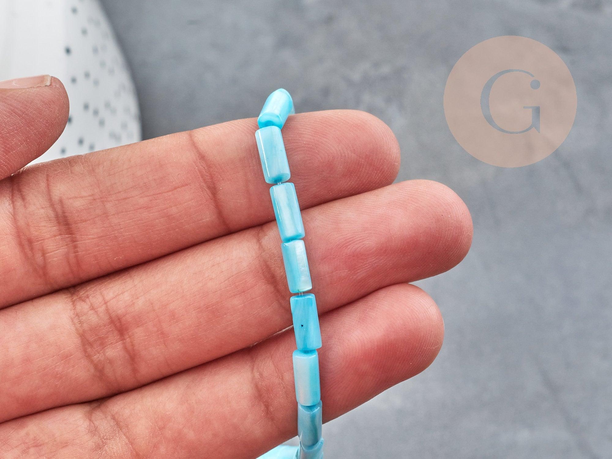 Gingerlily perles tube nacre bleue 8x4mm fil 38cm