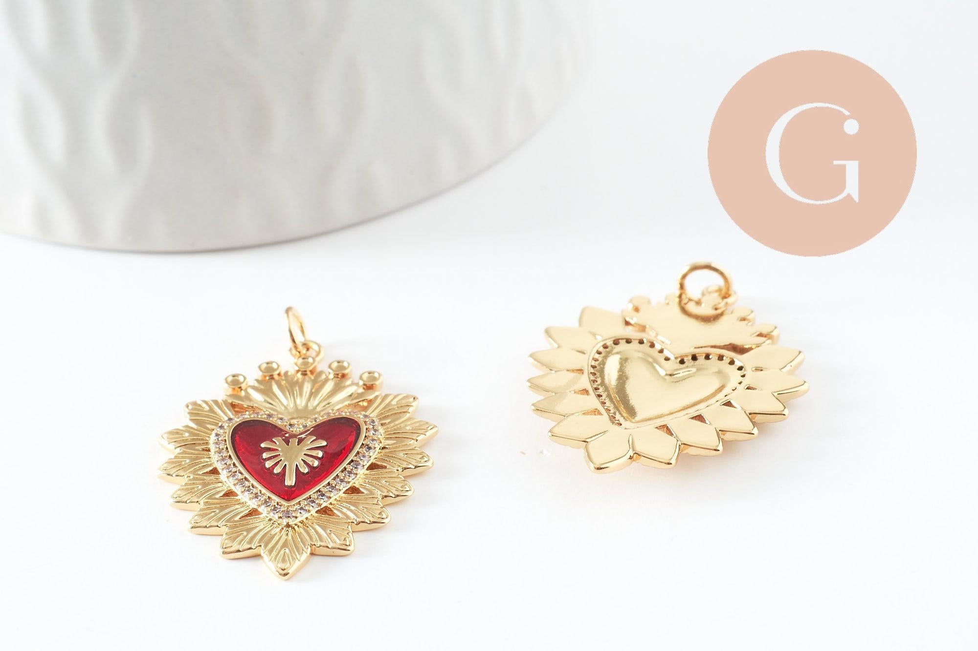 Gingerlily Pendentif cœur ex-voto 32mm émail rouge zircon x1