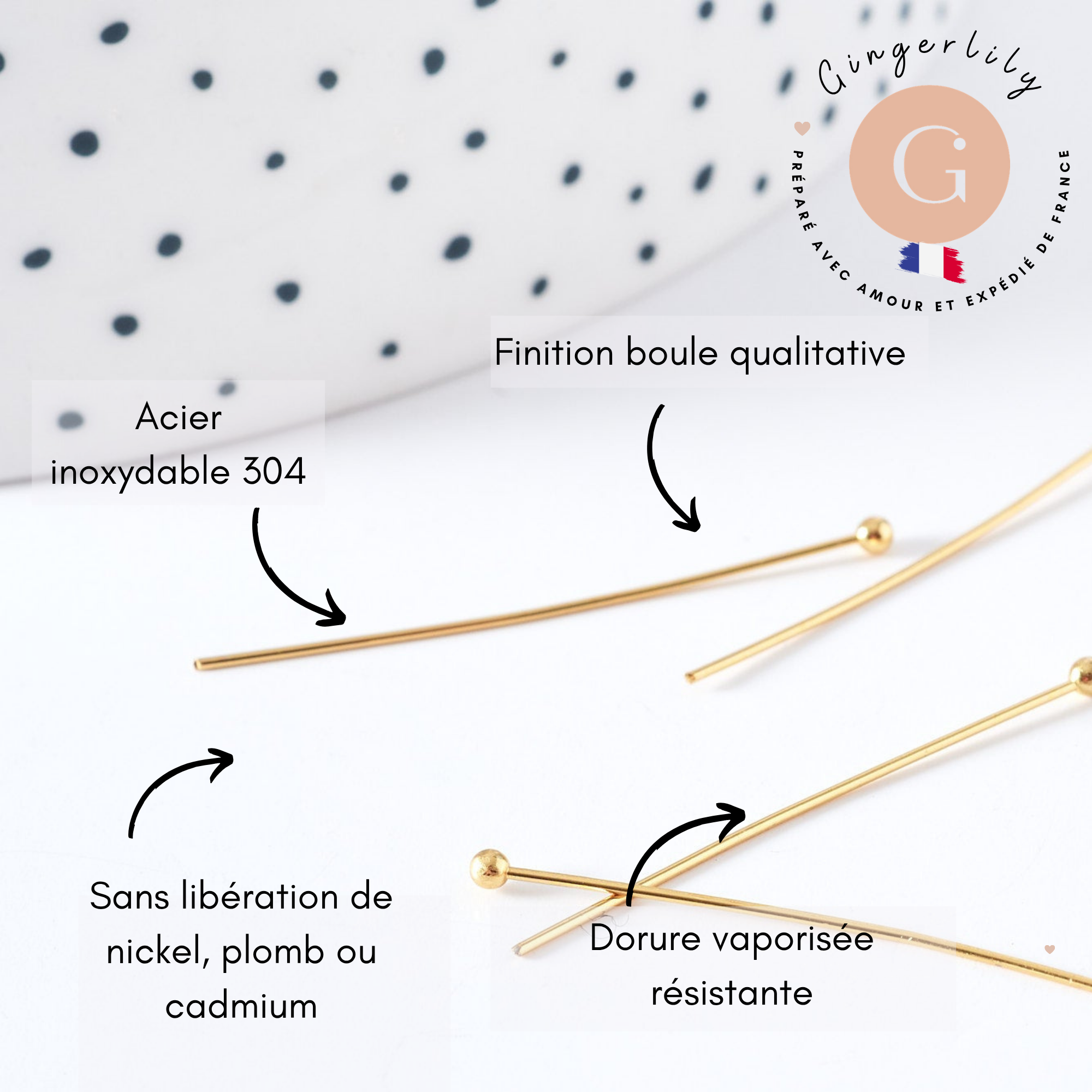 Gingerlily G11355 clous tête boule doré 30 mm x100