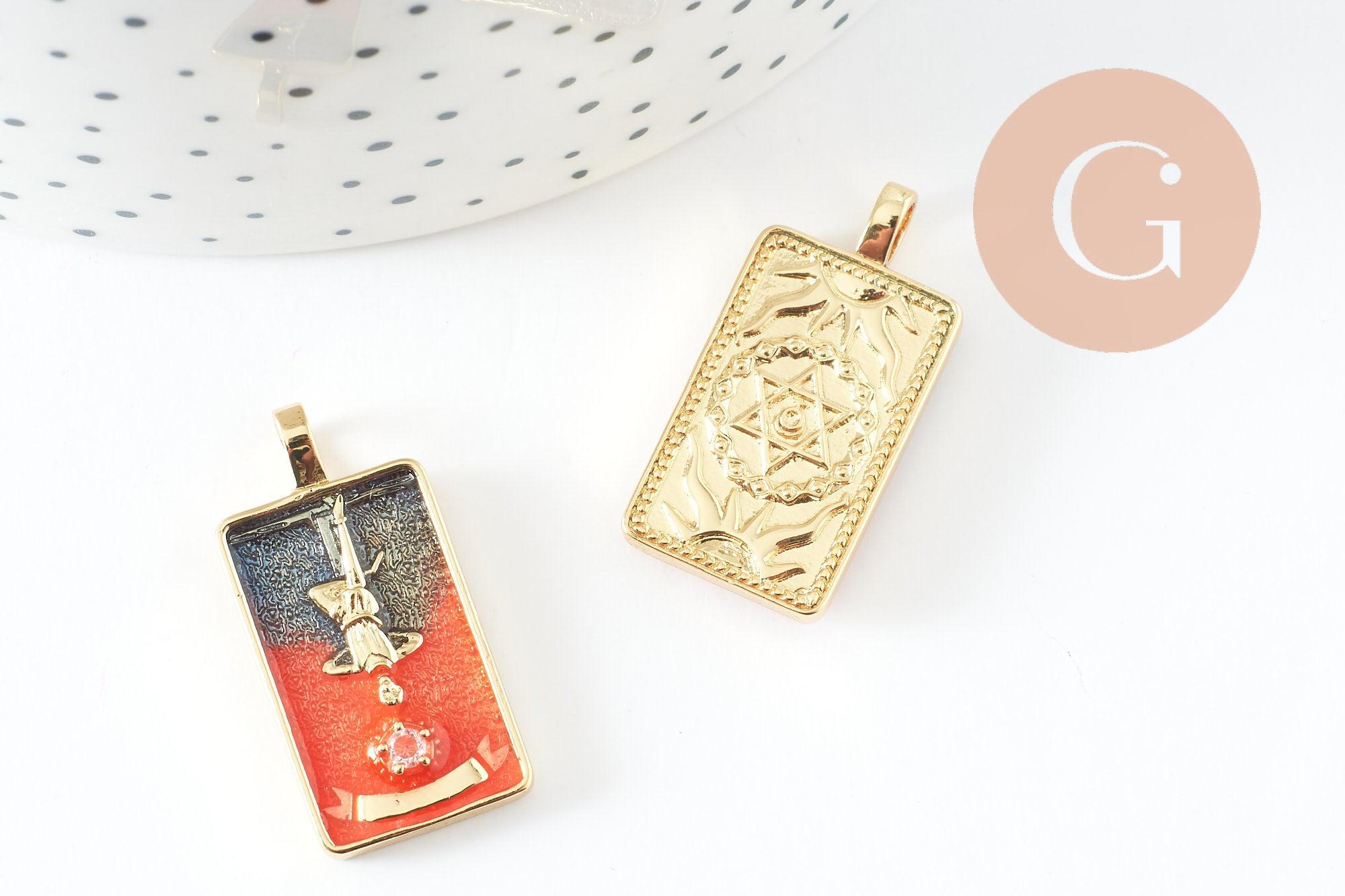 Gingerlily pendentif tarot Le Pendu laiton doré 30mm émaillé zircon