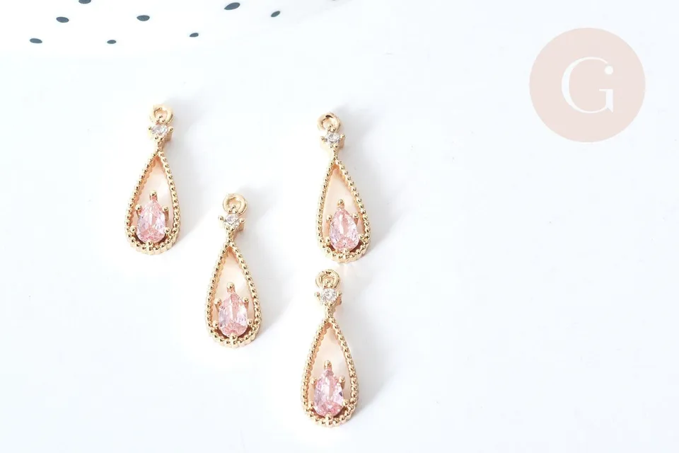 Gingerlily Pendentif goutte laiton doré zircons roses 17,5mm