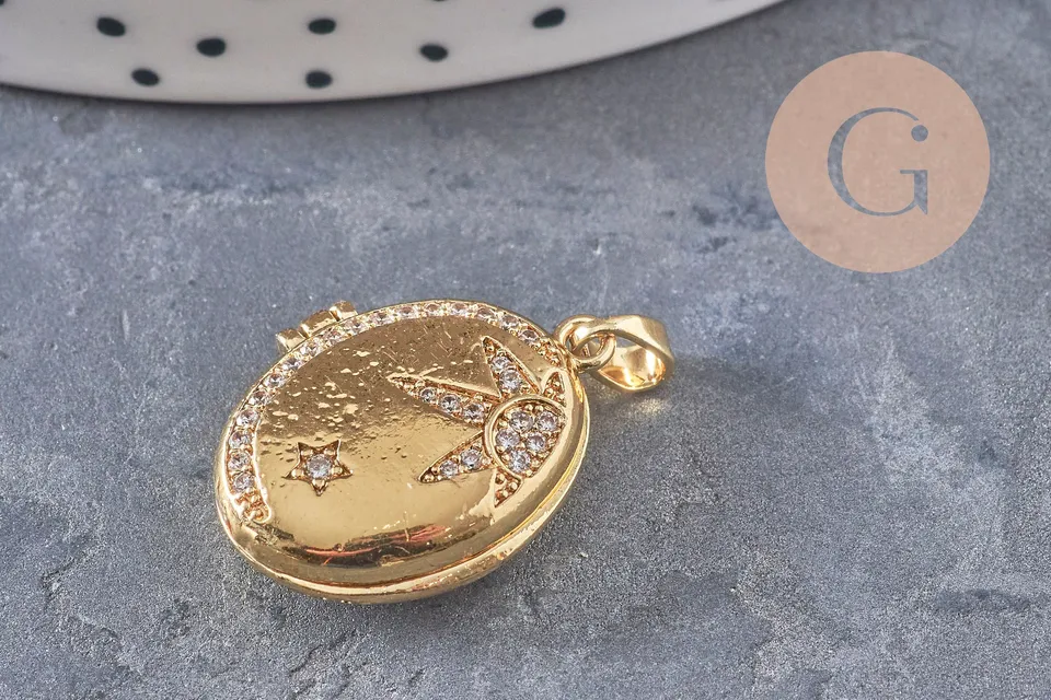 Gingerlily Pendentif locket ovale doré étoiles 17mm x1