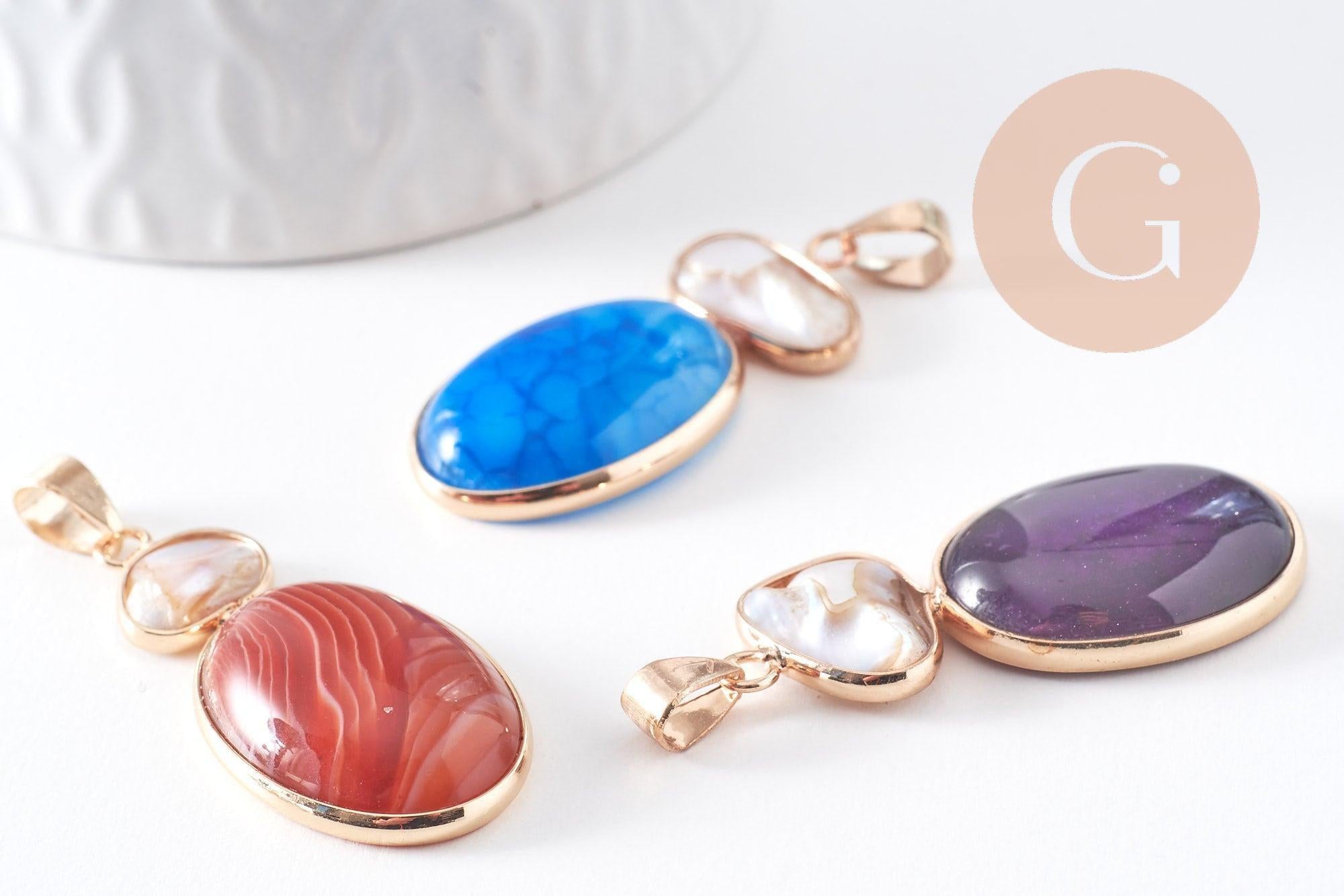 Gingerlily Pendentif agate ovale 42mm perle eau douce doré x1