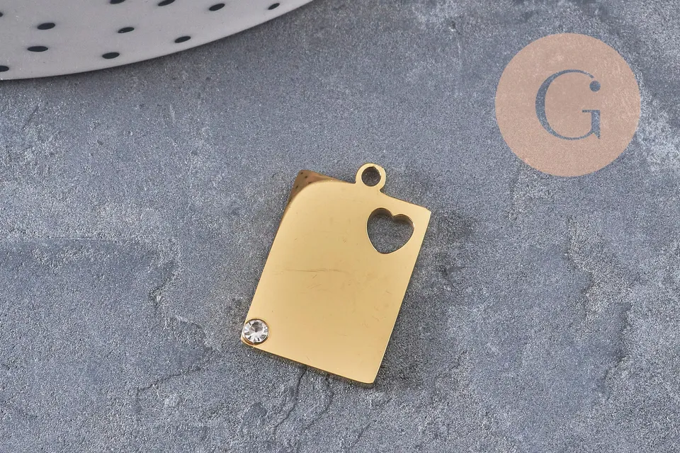 Gingerlily Pendentif rectangle coeur acier doré zircon 18,5 mm