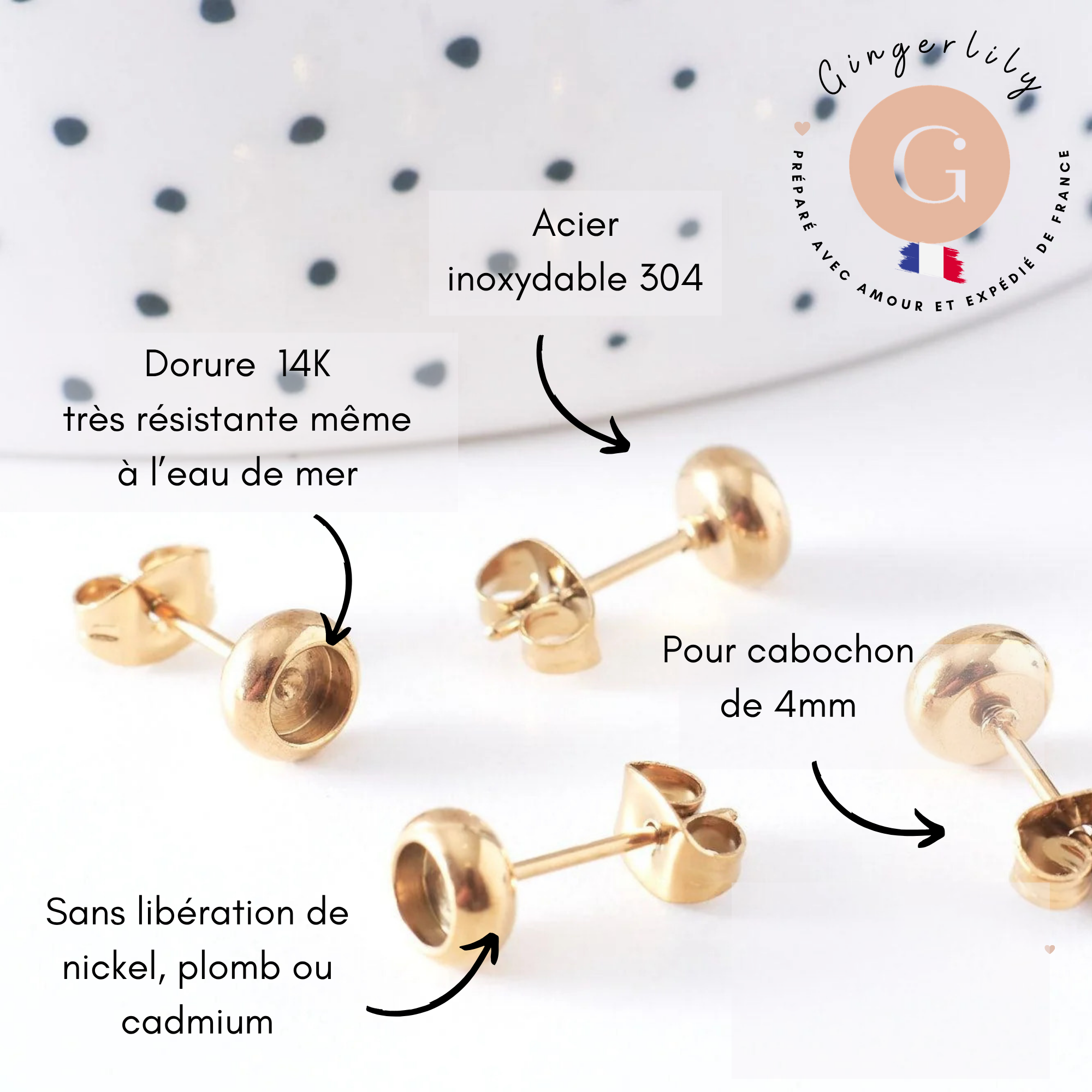 Gingerlily Clous puces cabochon 4mm doré acier x10