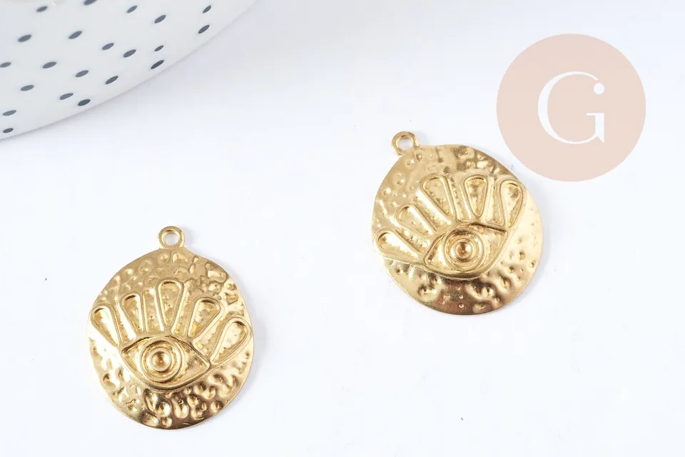 Gingerlily Pendentif médaille oeil protecteur laiton brut 22,5mm