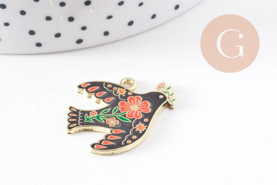 Gingerlily Pendentif colombe noir fleurs doré 26mm x2 G10157