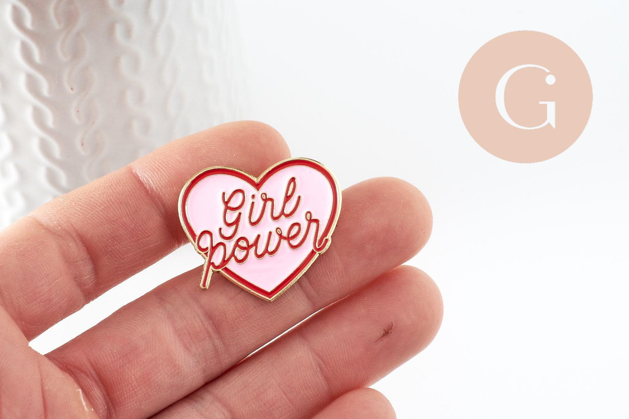 Gingerlily G9459 broche pin's coeur GIRL POWER rose 31mm
