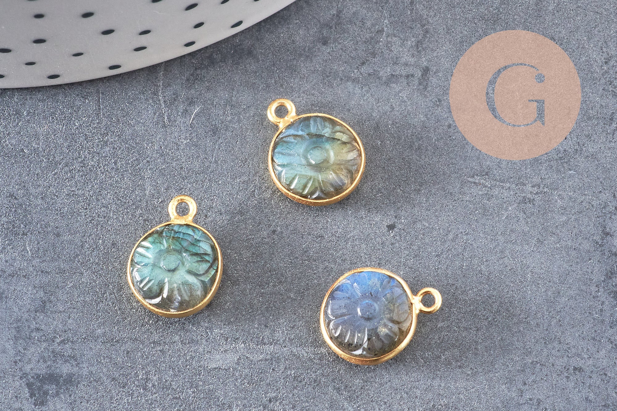 Gingerlily Pendentif labradorite G10842 rond argent 925 doré 13mm