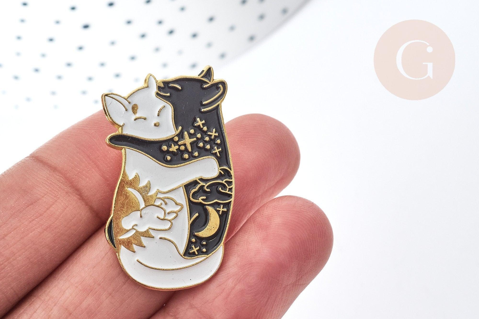 Gingerlily Broche pin's chats émail noir blanc doré 35mm