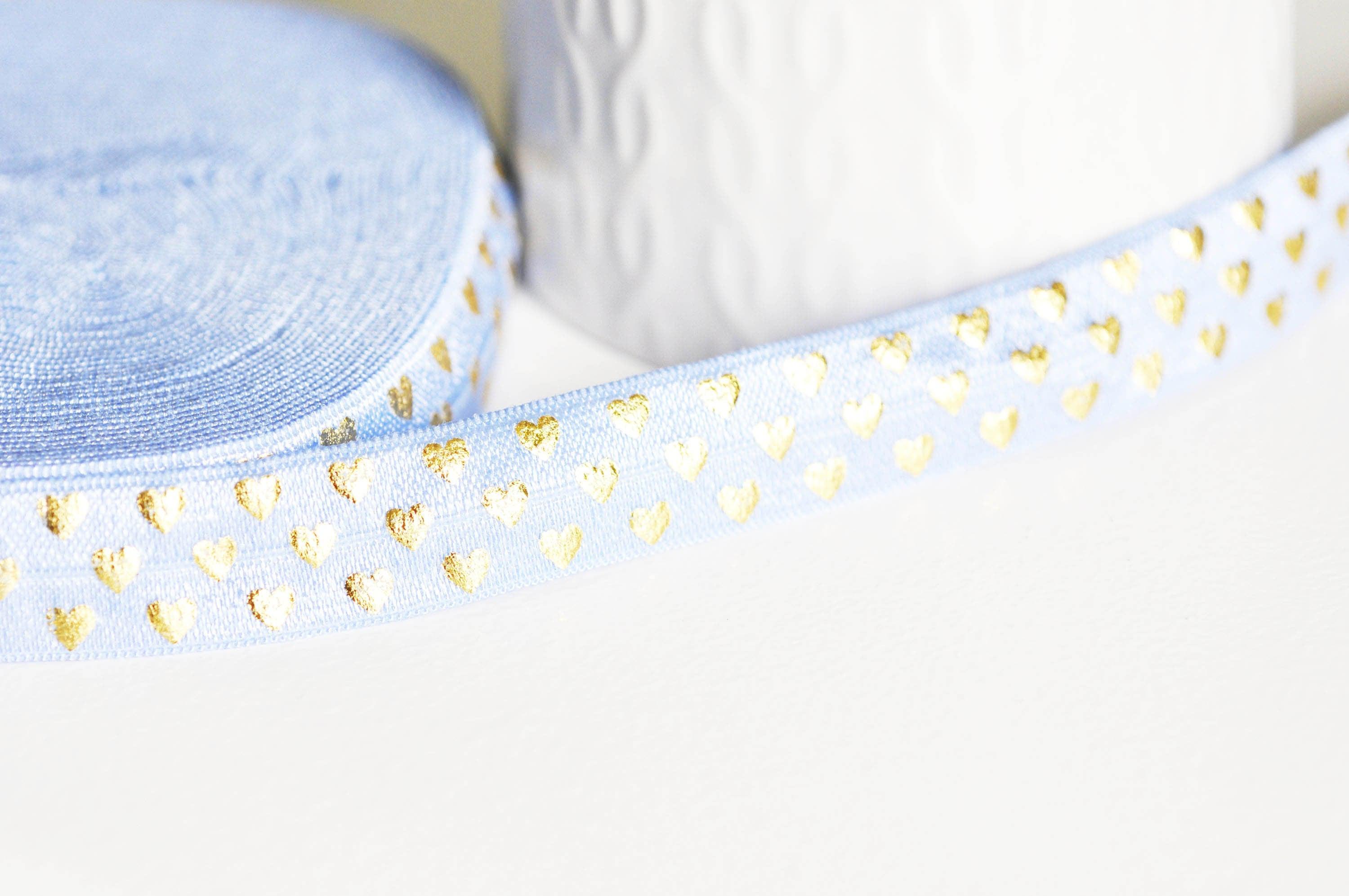 Gingerlily Ruban Élastique Bleu Cœurs Or 16mm 1 mètre