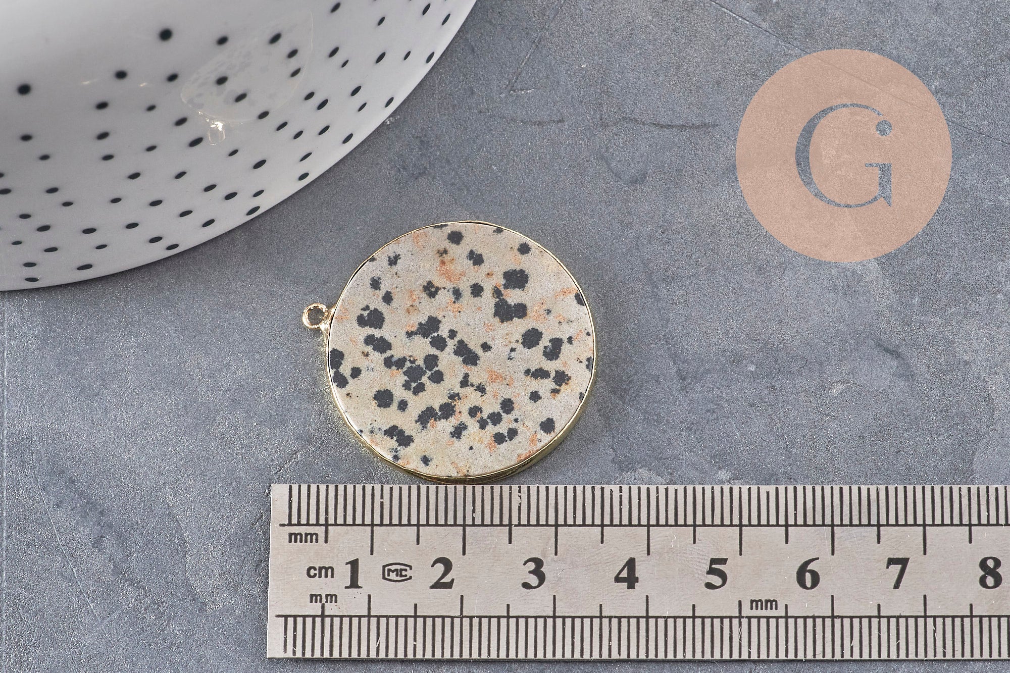 Gingerlily Pendentif jaspe dalmatien rond doré 32mm x1
