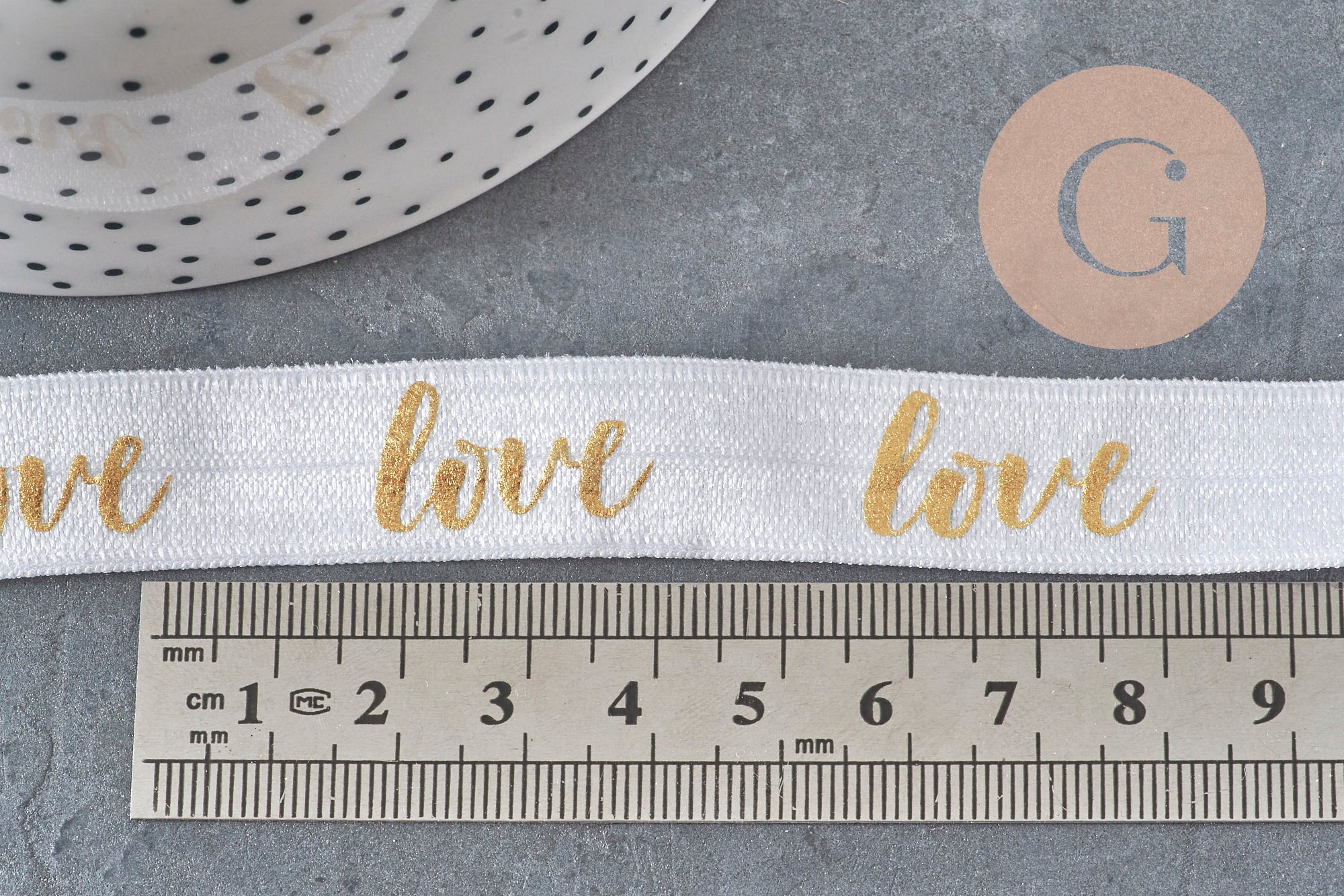 Gingerlily Ruban élastique LOVE blanc or 16mm 1m